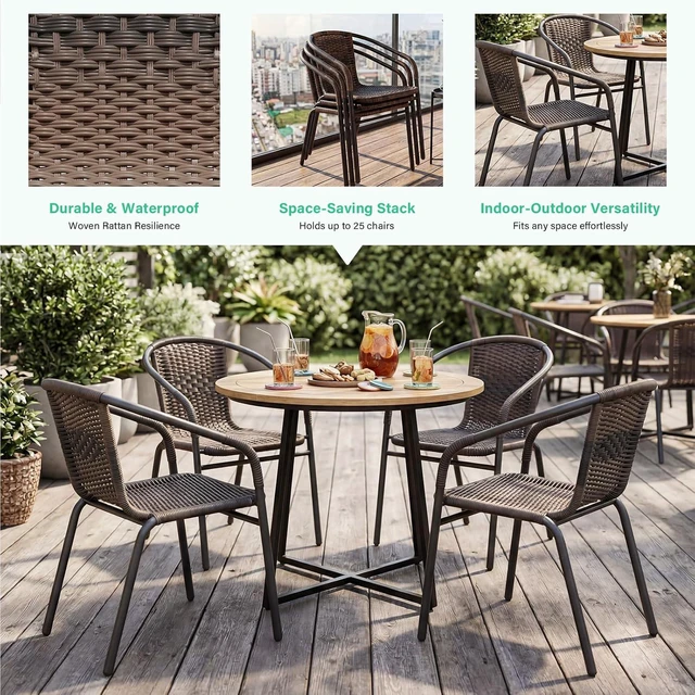 Alt view image 4 of 7 - JEAREY Outdoor Patio Rattan Dining Chairs Set of 4, All Weather Stackable Dining Chairs for Lawn, Restaurant, Garden, Brown