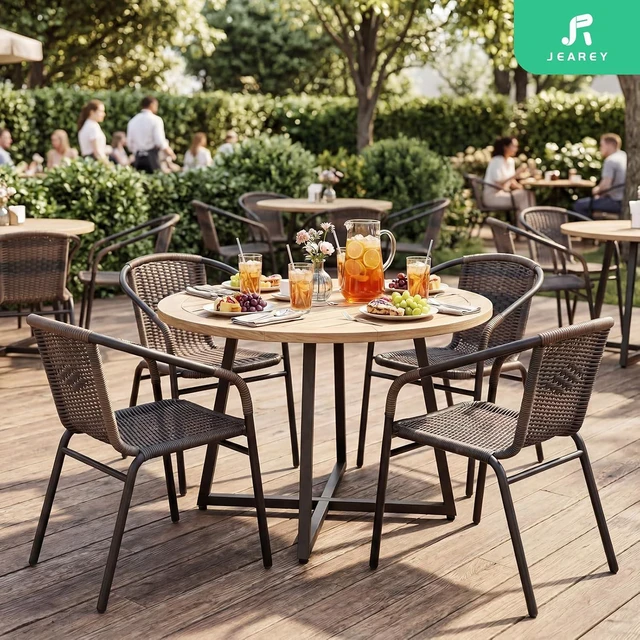 Alt view image 6 of 7 - JEAREY Outdoor Patio Rattan Dining Chairs Set of 4, All Weather Stackable Dining Chairs for Lawn, Restaurant, Garden, Brown