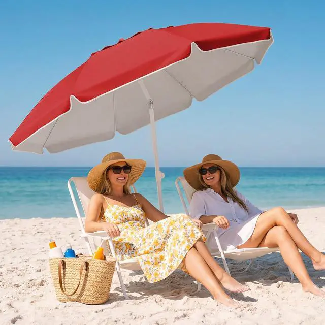 Alt view image 5 of 7 - JEAREY 6.5ft Portable Beach Shade Sports Umbrella with Stand, Red | Lightweight Sun Protection Free Standing Portable Umbrella for Outdoor Sports, Camping, Fishing, Beach
