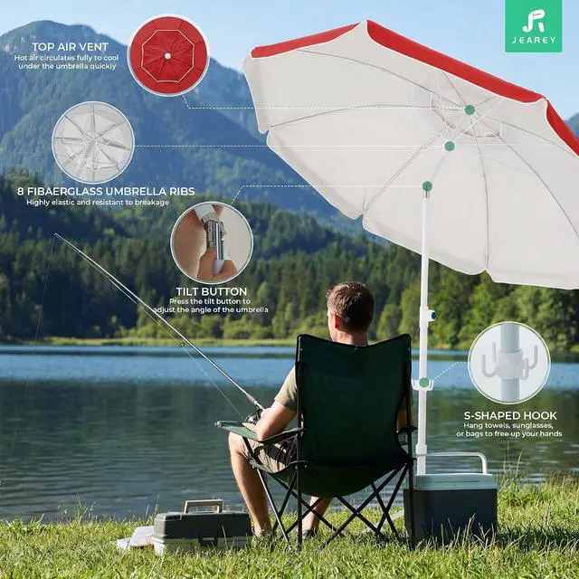 Alt view image 4 of 7 - JEAREY 6.5ft Portable Beach Shade Sports Umbrella with Stand, Red | Lightweight Sun Protection Free Standing Portable Umbrella for Outdoor Sports, Camping, Fishing, Beach
