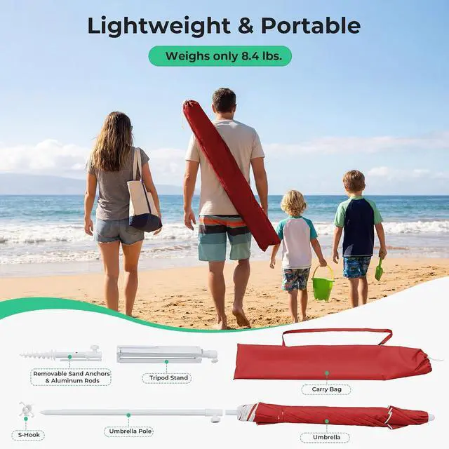 Alt view image 3 of 7 - JEAREY 6.5ft Portable Beach Shade Sports Umbrella with Stand, Red | Lightweight Sun Protection Free Standing Portable Umbrella for Outdoor Sports, Camping, Fishing, Beach