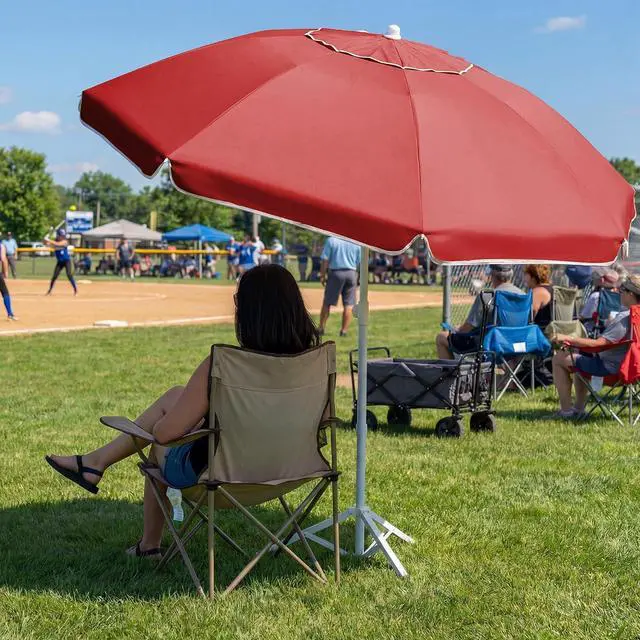 Alt view image 6 of 7 - JEAREY 6.5ft Portable Beach Shade Sports Umbrella with Stand, Red | Lightweight Sun Protection Free Standing Portable Umbrella for Outdoor Sports, Camping, Fishing, Beach