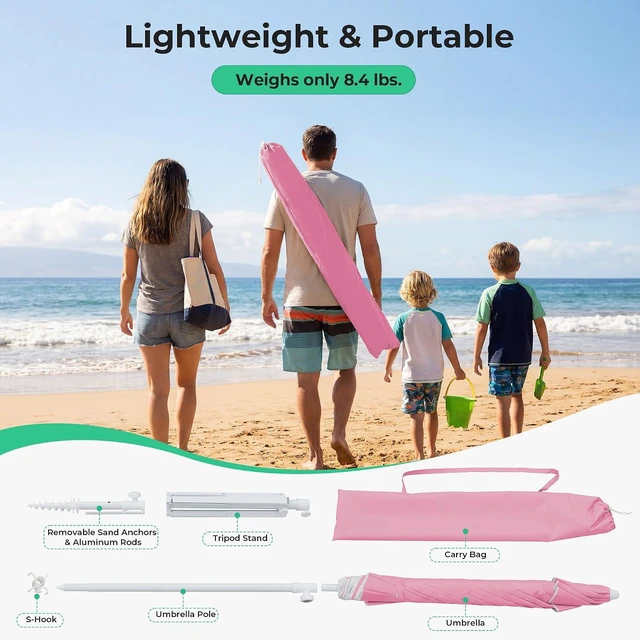 Alt view image 3 of 7 - JEAREY 6.5ft Sun Shade Umbrellas, Portable Umbrella with Stand, Lightweight Sun Protection Free Standing Sport Umbrella for Outdoor Sports, Camping, Fishing, Patio, Beach, Sakura Pink
