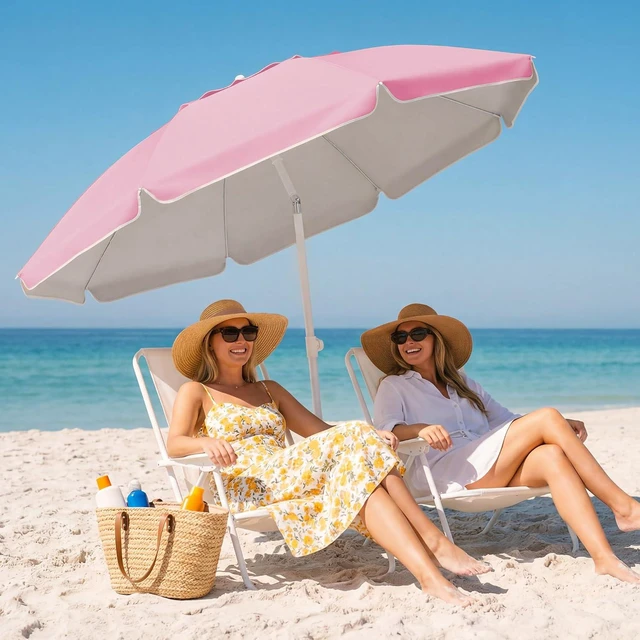 Alt view image 5 of 7 - JEAREY 6.5ft Sun Shade Umbrellas, Portable Umbrella with Stand, Lightweight Sun Protection Free Standing Sport Umbrella for Outdoor Sports, Camping, Fishing, Patio, Beach, Sakura Pink