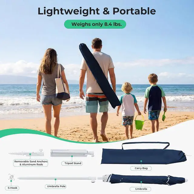 Alt view image 3 of 7 - JEAREY 6.5ft Portable Beach Shade Sports Umbrella with Stand, Navy | Lightweight Sun Protection Free Standing Portable Umbrella for Outdoor Sports, Camping, Fishing, Beach