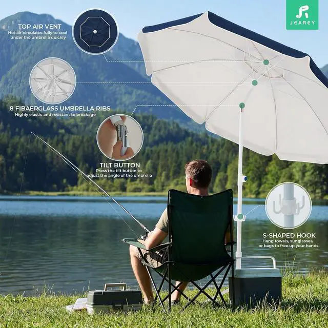 Alt view image 4 of 7 - JEAREY 6.5ft Portable Beach Shade Sports Umbrella with Stand, Navy | Lightweight Sun Protection Free Standing Portable Umbrella for Outdoor Sports, Camping, Fishing, Beach