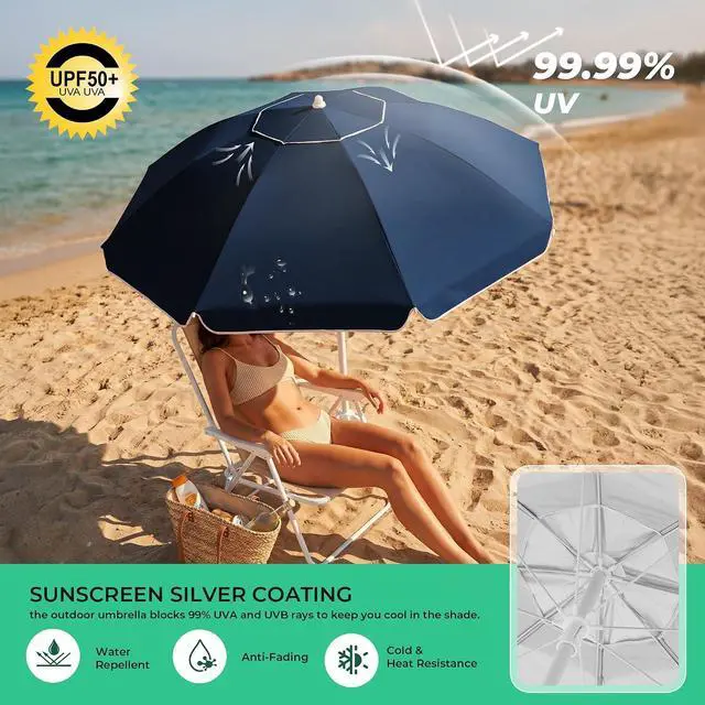 Alt view image 7 of 7 - JEAREY 6.5ft Portable Beach Shade Sports Umbrella with Stand, Navy | Lightweight Sun Protection Free Standing Portable Umbrella for Outdoor Sports, Camping, Fishing, Beach