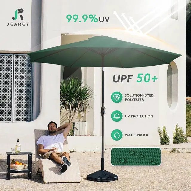 Alt view image 3 of 7 - JEAREY 10FT Outdoor Patio Umbrella Outdoor Table Umbrella with Push Button Tilt and Crank, Market Umbrella 8 Sturdy Ribs UV Protection Waterproof for Pool, Garden (Dark Green)