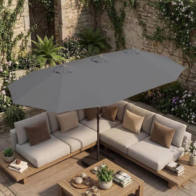 Alt view image 2 of 7 - JEAREY 15ft Large Patio Umbrella with Base, Outdoor Rectangle Umbrella Double-Sided Market Umbrella with Stand for Pool, Deck, Backyard and Garden, Gray
