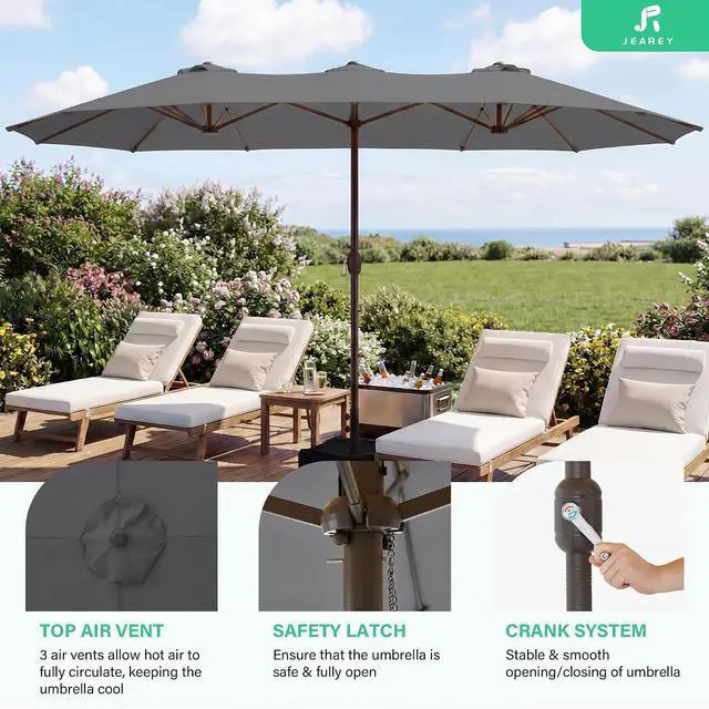 Alt view image 3 of 7 - JEAREY 15ft Large Patio Umbrella with Base, Outdoor Rectangle Umbrella Double-Sided Market Umbrella with Stand for Pool, Deck, Backyard and Garden, Gray