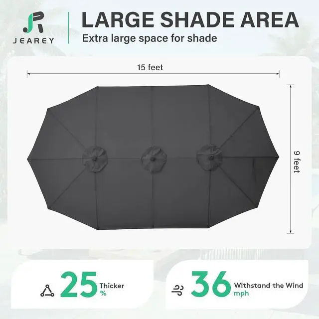 Alt view image 4 of 7 - JEAREY 15ft Large Patio Umbrella with Base, Outdoor Rectangle Umbrella Double-Sided Market Umbrella with Stand for Pool, Deck, Backyard and Garden, Gray