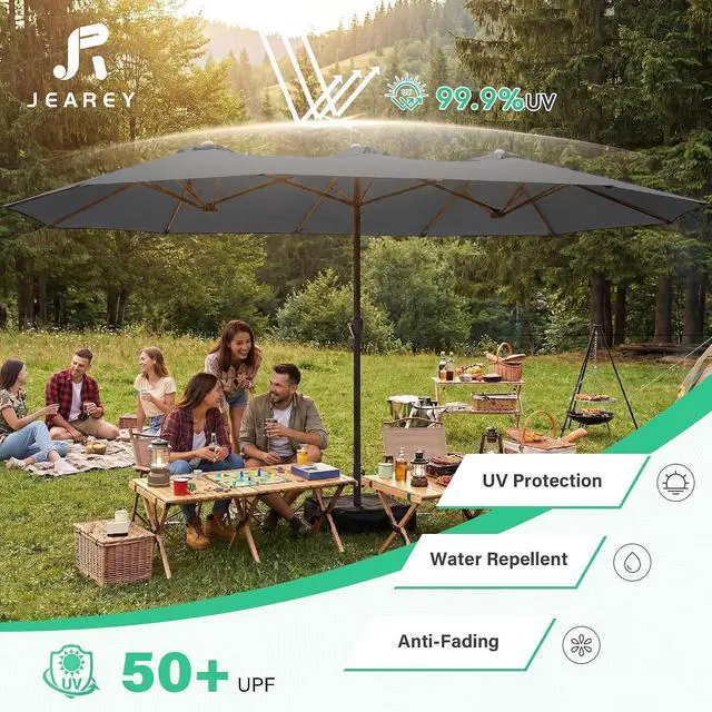 Alt view image 6 of 7 - JEAREY 15ft Large Patio Umbrella with Base, Outdoor Rectangle Umbrella Double-Sided Market Umbrella with Stand for Pool, Deck, Backyard and Garden, Gray
