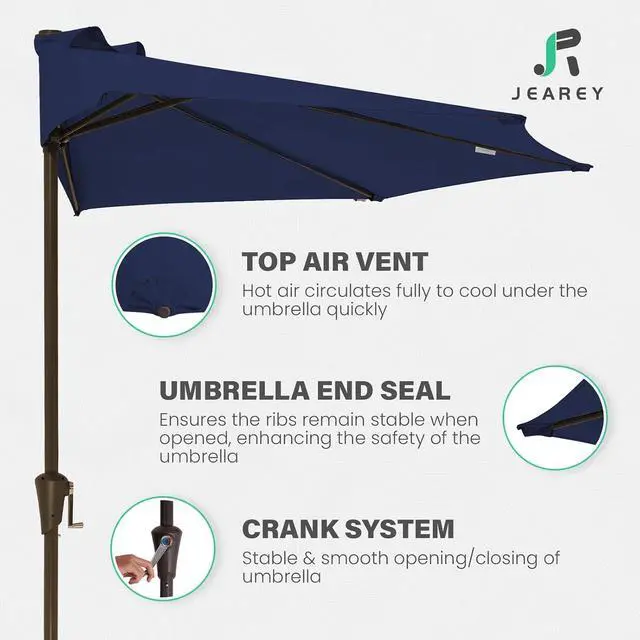 Alt view image 3 of 7 - JEAREY 9ft Half Umbrella Outdoor Patio Umbrella Market Umbrellas with Crank, 1/2 Round Wall Umbrella 5 Sturdy Ribs UV Protection for Pool Garden Balcony Deck, Navy