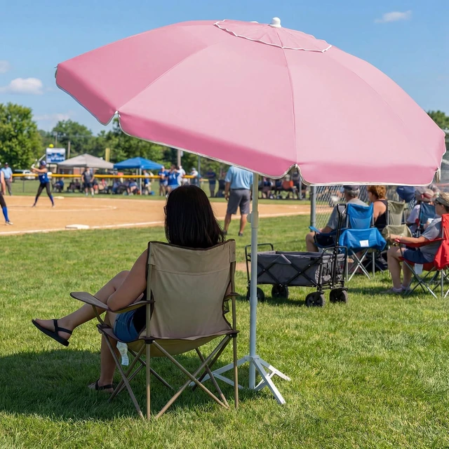 Alt view image 6 of 7 - JEAREY 6.5ft Sun Shade Umbrellas, Portable Umbrella with Stand, Lightweight Sun Protection Free Standing Sport Umbrella for Outdoor Sports, Camping, Fishing, Patio, Beach, Sakura Pink