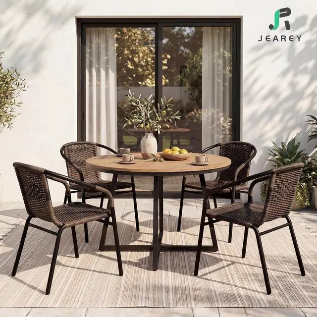 Alt view image 2 of 7 - JEAREY Outdoor Dining Chairs Set of 4, Stackable Rattan Patio Chairs, Brown | 4 stackable rattan chairs with powder-coated frame for patio, deck, garden and restaurant seating
