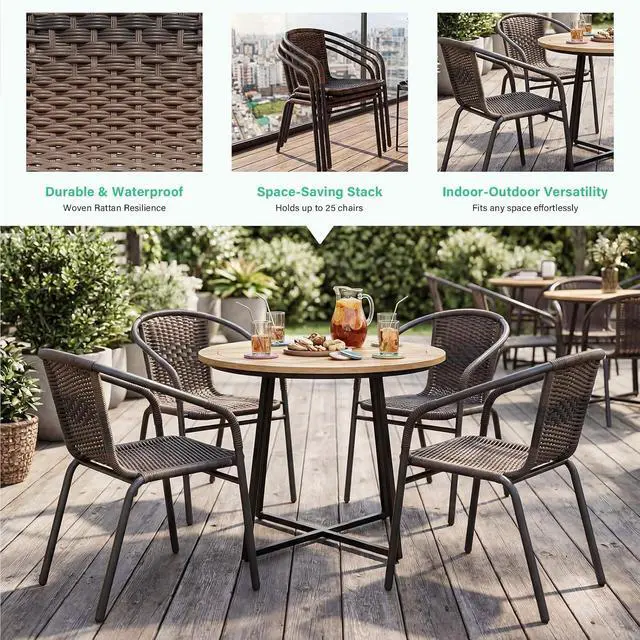 Alt view image 4 of 7 - JEAREY Outdoor Dining Chairs Set of 4, Stackable Rattan Patio Chairs, Brown | 4 stackable rattan chairs with powder-coated frame for patio, deck, garden and restaurant seating