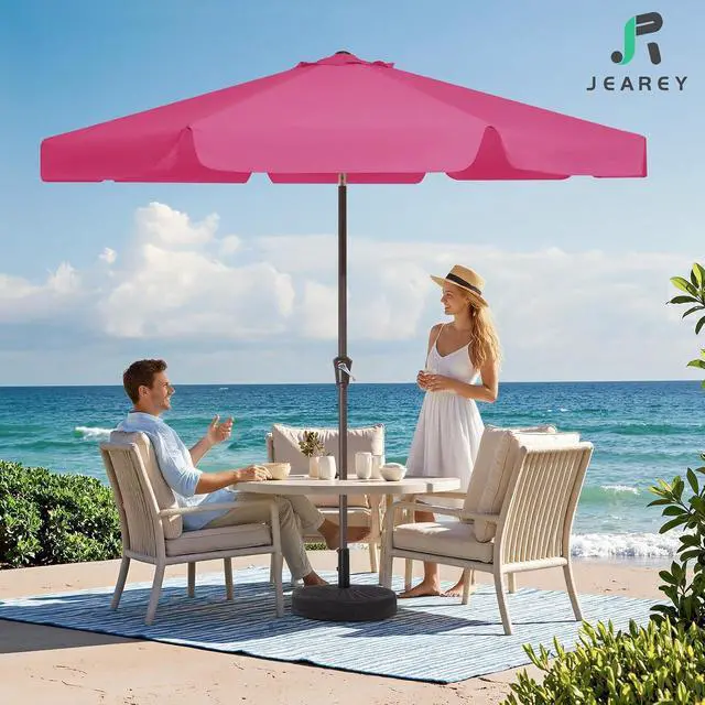 Alt view image 2 of 7 - JEAREY 9' Outdoor Patio Umbrellas, Market Umbrella, Rose Pink | 8 Sturdy Ribs, Tilt & Crank lift, Vented Canopy, Ideal for Garden, Deck, Backyard, Pool