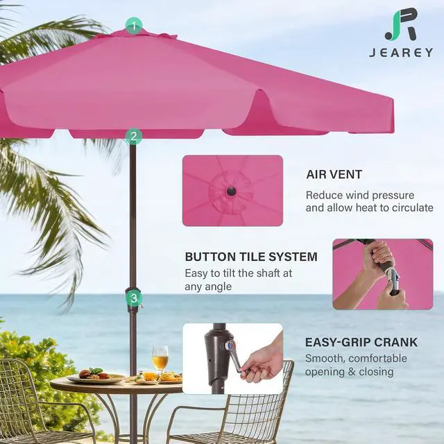 Alt view image 3 of 7 - JEAREY 9' Outdoor Patio Umbrellas, Market Umbrella, Rose Pink | 8 Sturdy Ribs, Tilt & Crank lift, Vented Canopy, Ideal for Garden, Deck, Backyard, Pool