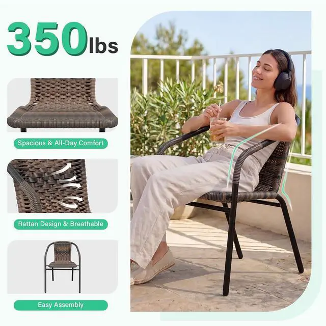 Alt view image 5 of 7 - JEAREY Outdoor Dining Chairs Set of 4, Stackable Rattan Patio Chairs, Brown | 4 stackable rattan chairs with powder-coated frame for patio, deck, garden and restaurant seating