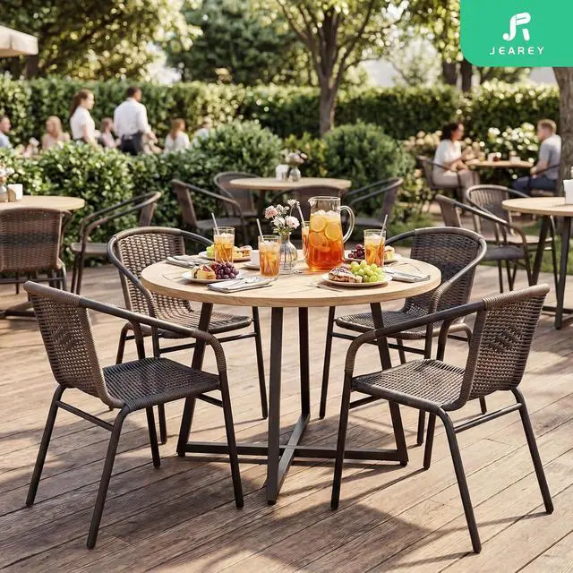Alt view image 6 of 7 - JEAREY Outdoor Dining Chairs Set of 4, Stackable Rattan Patio Chairs, Brown | 4 stackable rattan chairs with powder-coated frame for patio, deck, garden and restaurant seating