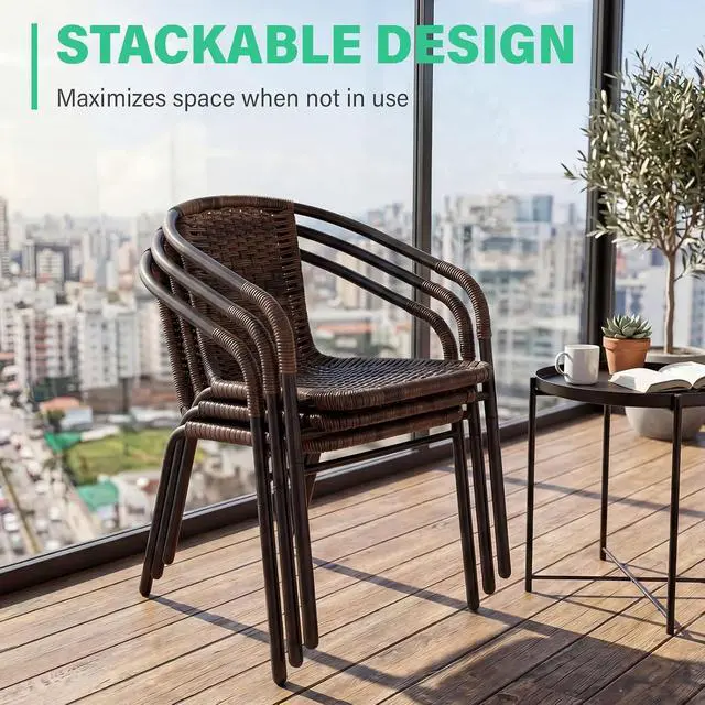 Alt view image 7 of 7 - JEAREY Outdoor Dining Chairs Set of 4, Stackable Rattan Patio Chairs, Brown | 4 stackable rattan chairs with powder-coated frame for patio, deck, garden and restaurant seating