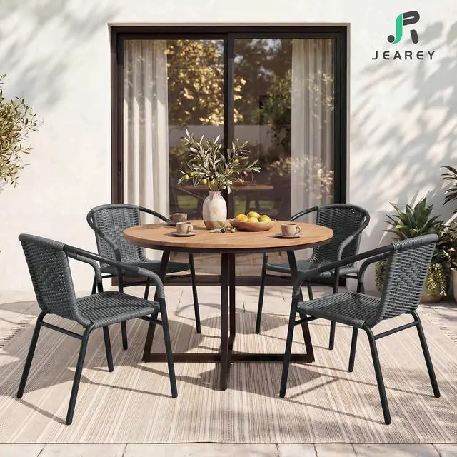 Alt view image 2 of 7 - JEAREY Outdoor Dining Chairs Set of 4, Stackable Rattan Patio Chairs, Gray | 4 stackable rattan chairs with powder-coated frame for patio, deck, garden and restaurant seating