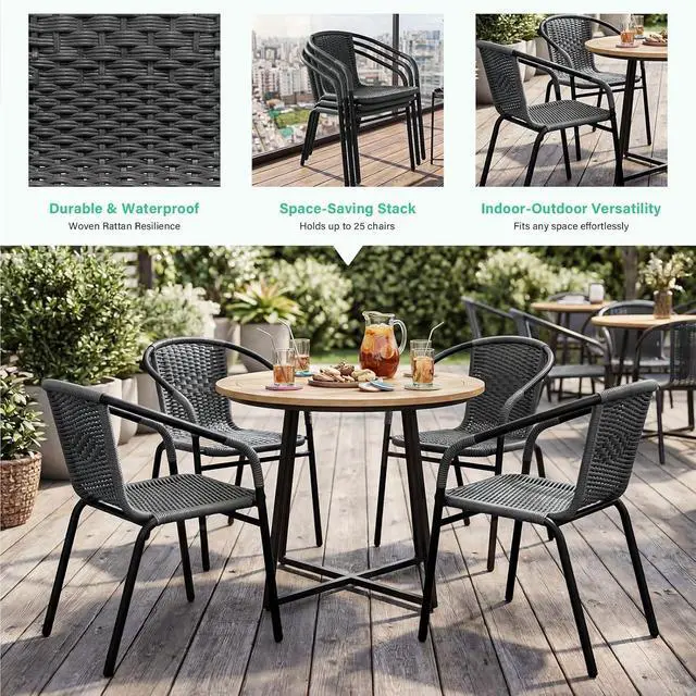Alt view image 4 of 7 - JEAREY Outdoor Dining Chairs Set of 4, Stackable Rattan Patio Chairs, Gray | 4 stackable rattan chairs with powder-coated frame for patio, deck, garden and restaurant seating