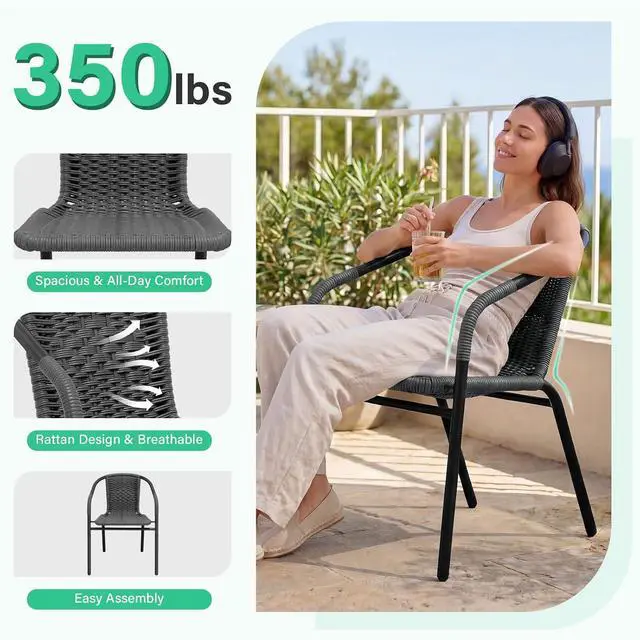 Alt view image 5 of 7 - JEAREY Outdoor Dining Chairs Set of 4, Stackable Rattan Patio Chairs, Gray | 4 stackable rattan chairs with powder-coated frame for patio, deck, garden and restaurant seating