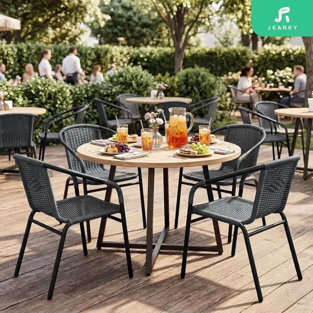 Alt view image 6 of 7 - JEAREY Outdoor Dining Chairs Set of 4, Stackable Rattan Patio Chairs, Gray | 4 stackable rattan chairs with powder-coated frame for patio, deck, garden and restaurant seating