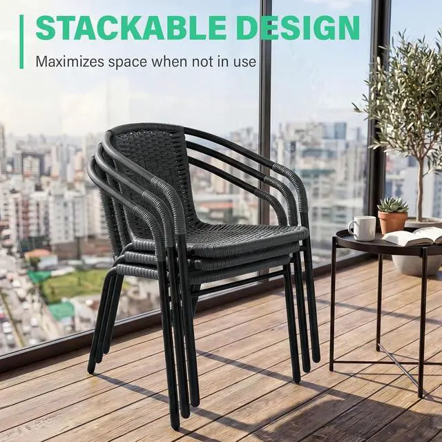Alt view image 7 of 7 - JEAREY Outdoor Dining Chairs Set of 4, Stackable Rattan Patio Chairs, Gray | 4 stackable rattan chairs with powder-coated frame for patio, deck, garden and restaurant seating