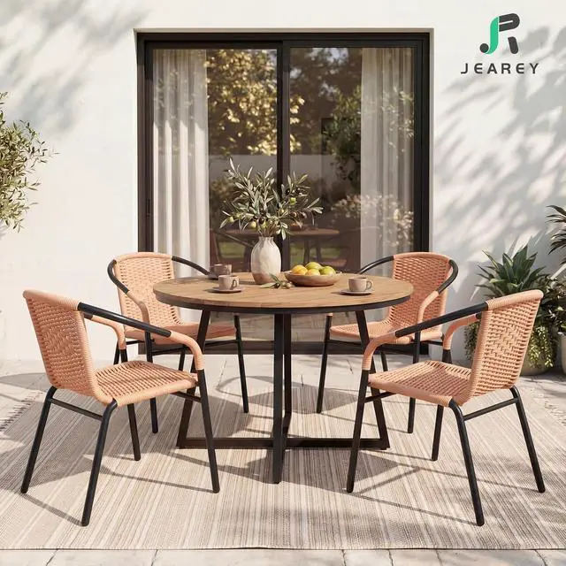 Alt view image 2 of 7 - JEAREY Outdoor Dining Chairs Set of 4, Stackable Rattan Patio Chairs, Beige | 4 stackable rattan chairs with powder-coated frame for patio, deck, garden and restaurant seating