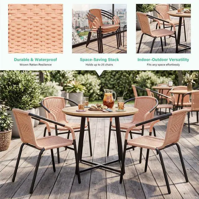 Alt view image 4 of 7 - JEAREY Outdoor Dining Chairs Set of 4, Stackable Rattan Patio Chairs, Beige | 4 stackable rattan chairs with powder-coated frame for patio, deck, garden and restaurant seating