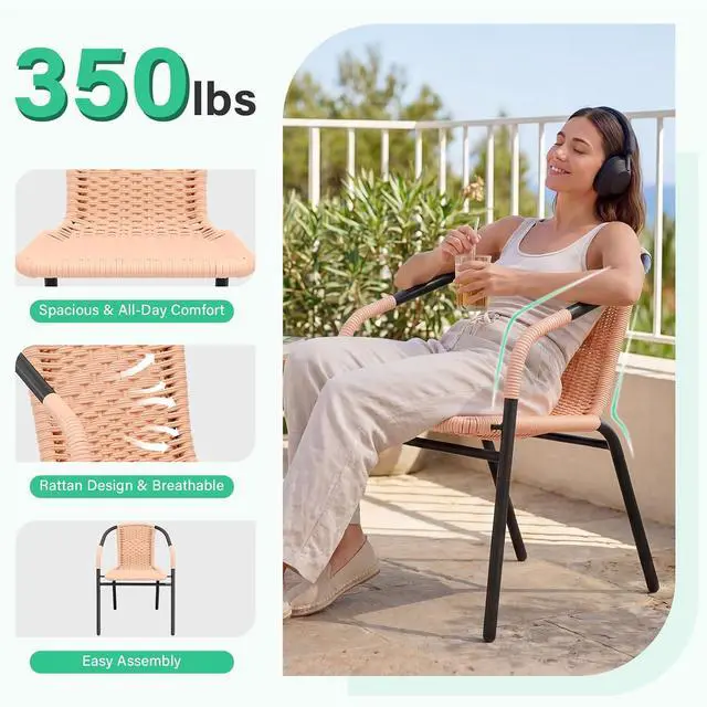 Alt view image 5 of 7 - JEAREY Outdoor Dining Chairs Set of 4, Stackable Rattan Patio Chairs, Beige | 4 stackable rattan chairs with powder-coated frame for patio, deck, garden and restaurant seating