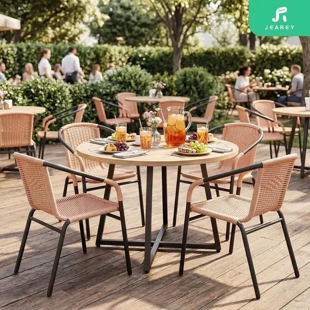 Alt view image 6 of 7 - JEAREY Outdoor Dining Chairs Set of 4, Stackable Rattan Patio Chairs, Beige | 4 stackable rattan chairs with powder-coated frame for patio, deck, garden and restaurant seating