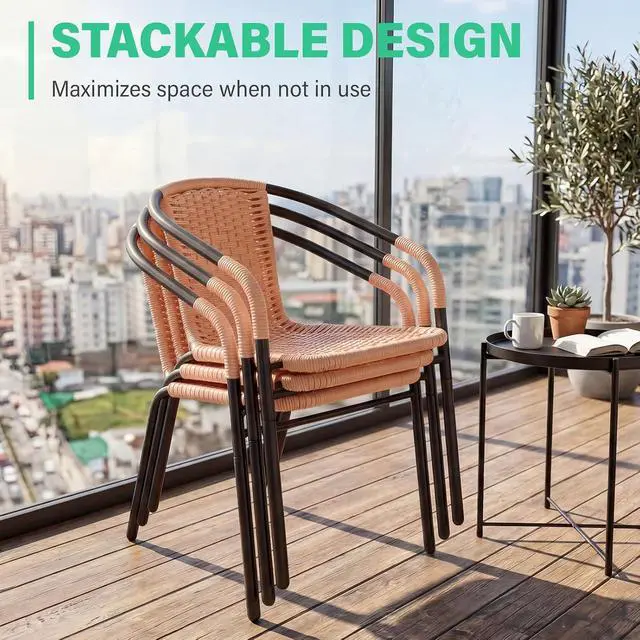 Alt view image 7 of 7 - JEAREY Outdoor Dining Chairs Set of 4, Stackable Rattan Patio Chairs, Beige | 4 stackable rattan chairs with powder-coated frame for patio, deck, garden and restaurant seating