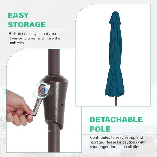 Alt view image 3 of 7 - JEAREY 9' Outdoor Patio Umbrellas, Market Umbrella, Cerulean | 8 Sturdy Ribs, Tilt & Crank lift, Vented Canopy, Ideal for Garden, Deck, Backyard, Pool