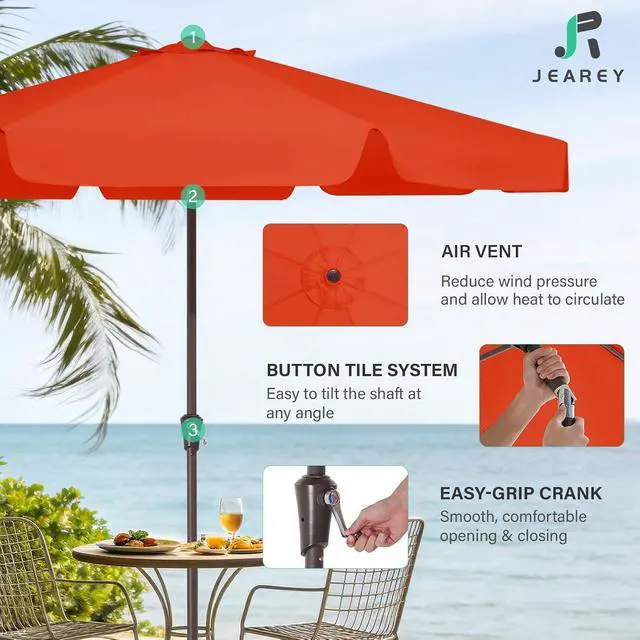 Alt view image 3 of 7 - JEAREY 9' Outdoor Patio Umbrellas, Market Umbrella, Orange | 8 Sturdy Ribs, Tilt & Crank lift, Vented Canopy, Ideal for Garden, Deck, Backyard, Pool