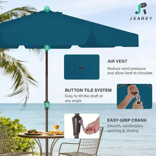 Alt view image 6 of 7 - JEAREY 9' Outdoor Patio Umbrellas, Market Umbrella, Cerulean | 8 Sturdy Ribs, Tilt & Crank lift, Vented Canopy, Ideal for Garden, Deck, Backyard, Pool