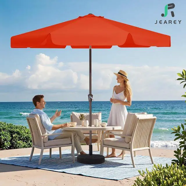Alt view image 2 of 7 - JEAREY 9' Outdoor Patio Umbrellas, Market Umbrella, Orange | 8 Sturdy Ribs, Tilt & Crank lift, Vented Canopy, Ideal for Garden, Deck, Backyard, Pool