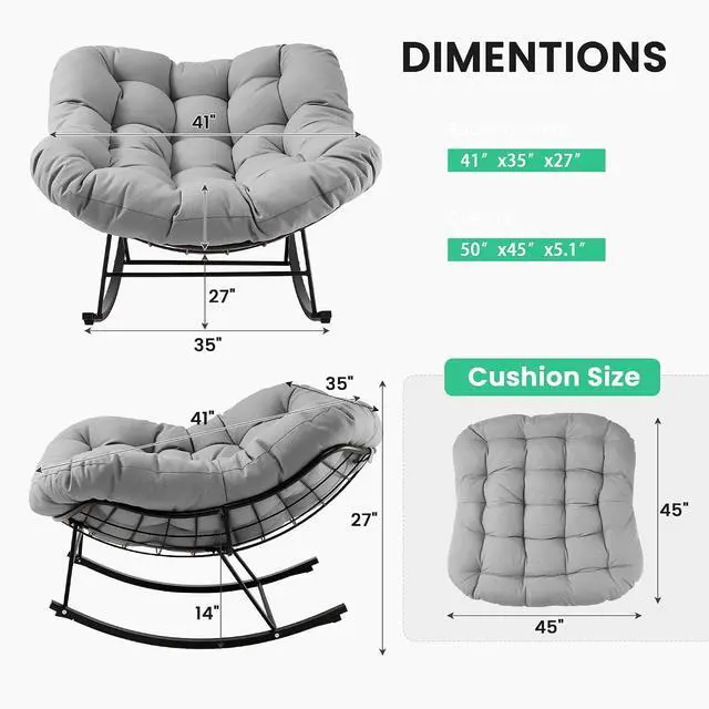 Alt view image 3 of 7 - JEAREY Papasan Rocking Chair, Outdoor Oversized Egg Chair, Grey | Oversized papasan rocking chair with thick cushion and smooth rocker base for porch, patio, bedroom, living room