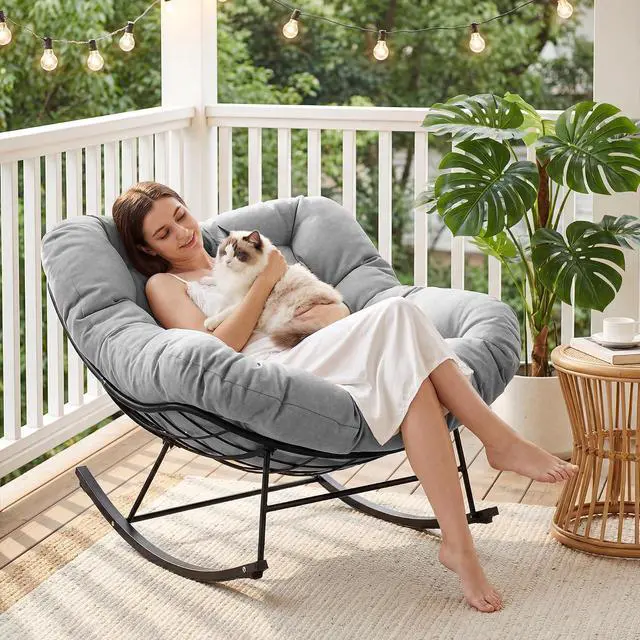 Alt view image 2 of 7 - JEAREY Papasan Rocking Chair, Outdoor Oversized Egg Chair, Grey | Oversized papasan rocking chair with thick cushion and smooth rocker base for porch, patio, bedroom, living room