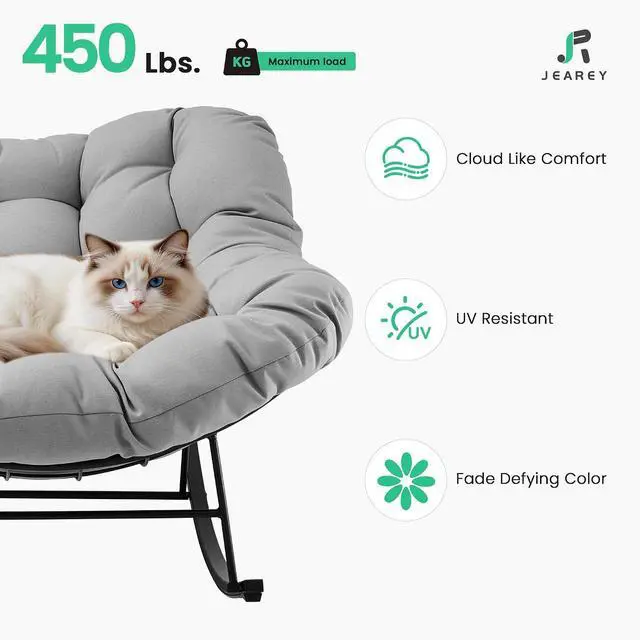 Alt view image 6 of 7 - JEAREY Papasan Rocking Chair, Outdoor Oversized Egg Chair, Grey | Oversized papasan rocking chair with thick cushion and smooth rocker base for porch, patio, bedroom, living room