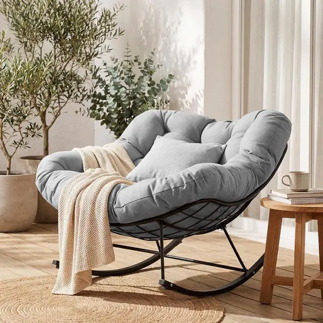 Alt view image 5 of 7 - JEAREY Papasan Rocking Chair, Outdoor Oversized Egg Chair, Grey | Oversized papasan rocking chair with thick cushion and smooth rocker base for porch, patio, bedroom, living room