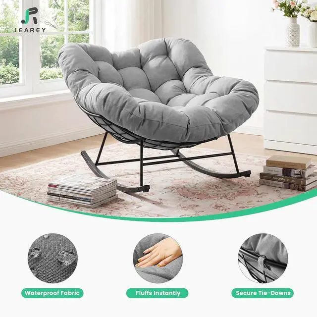 Alt view image 4 of 7 - JEAREY Papasan Rocking Chair, Outdoor Oversized Egg Chair, Grey | Oversized papasan rocking chair with thick cushion and smooth rocker base for porch, patio, bedroom, living room