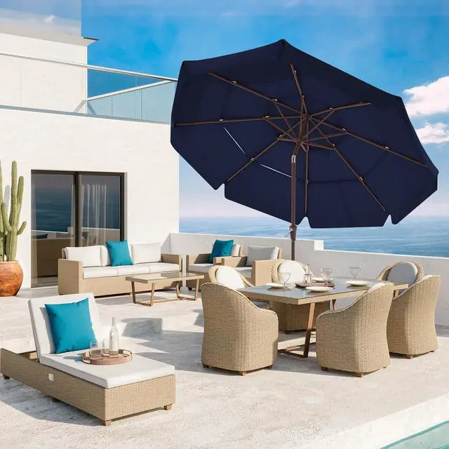 Alt view image 2 of 7 - JEAREY 3 Tiers 9 FT Patio Umbrellas Outdoor Table Umbrella with Push Button Market Umbrella 8 Sturdy Ribs UV Protection Waterproof for Garden,Navy