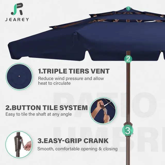 Alt view image 3 of 7 - JEAREY 3 Tiers 9 FT Patio Umbrellas Outdoor Table Umbrella with Push Button Market Umbrella 8 Sturdy Ribs UV Protection Waterproof for Garden,Navy