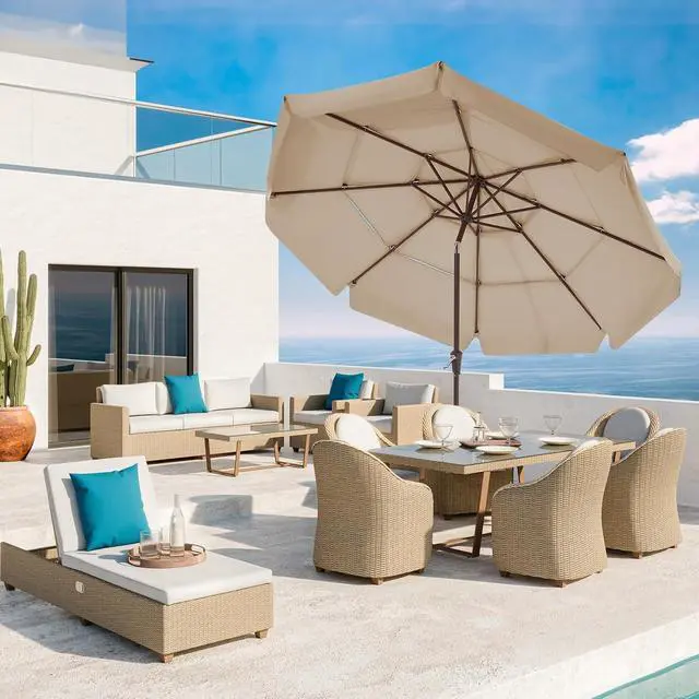 Alt view image 2 of 7 - JEAREY 3 Tiers 9 FT Patio Umbrellas Outdoor Table Umbrella with Push Button Market Umbrella 8 Sturdy Ribs UV Protection Waterproof for Garden,Beige