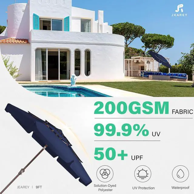 Alt view image 6 of 7 - JEAREY 3 Tiers 9 FT Patio Umbrellas Outdoor Table Umbrella with Push Button Market Umbrella 8 Sturdy Ribs UV Protection Waterproof for Garden,Navy