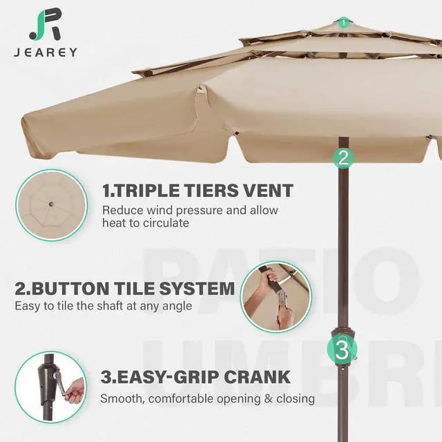 Alt view image 4 of 7 - JEAREY 3 Tiers 9 FT Patio Umbrellas Outdoor Table Umbrella with Push Button Market Umbrella 8 Sturdy Ribs UV Protection Waterproof for Garden,Beige