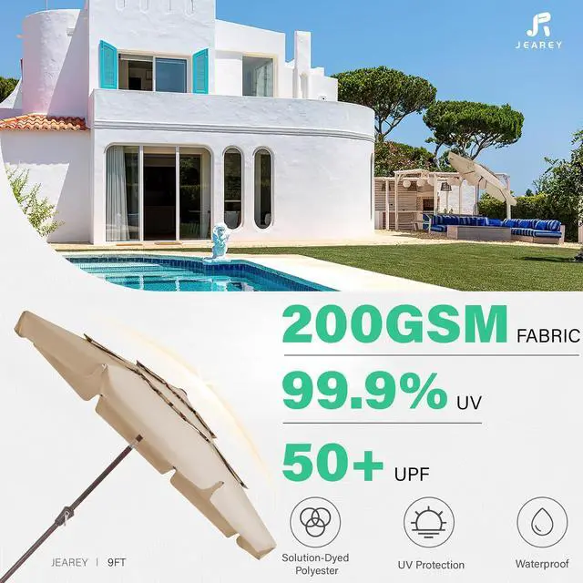 Alt view image 3 of 7 - JEAREY 3 Tiers 9 FT Patio Umbrellas Outdoor Table Umbrella with Push Button Market Umbrella 8 Sturdy Ribs UV Protection Waterproof for Garden,Beige